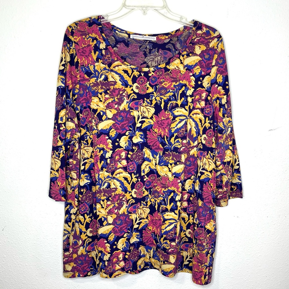 Peruvian Connection Pima Cotton floral tee top 3/4 sleeve tunic pullover knit
